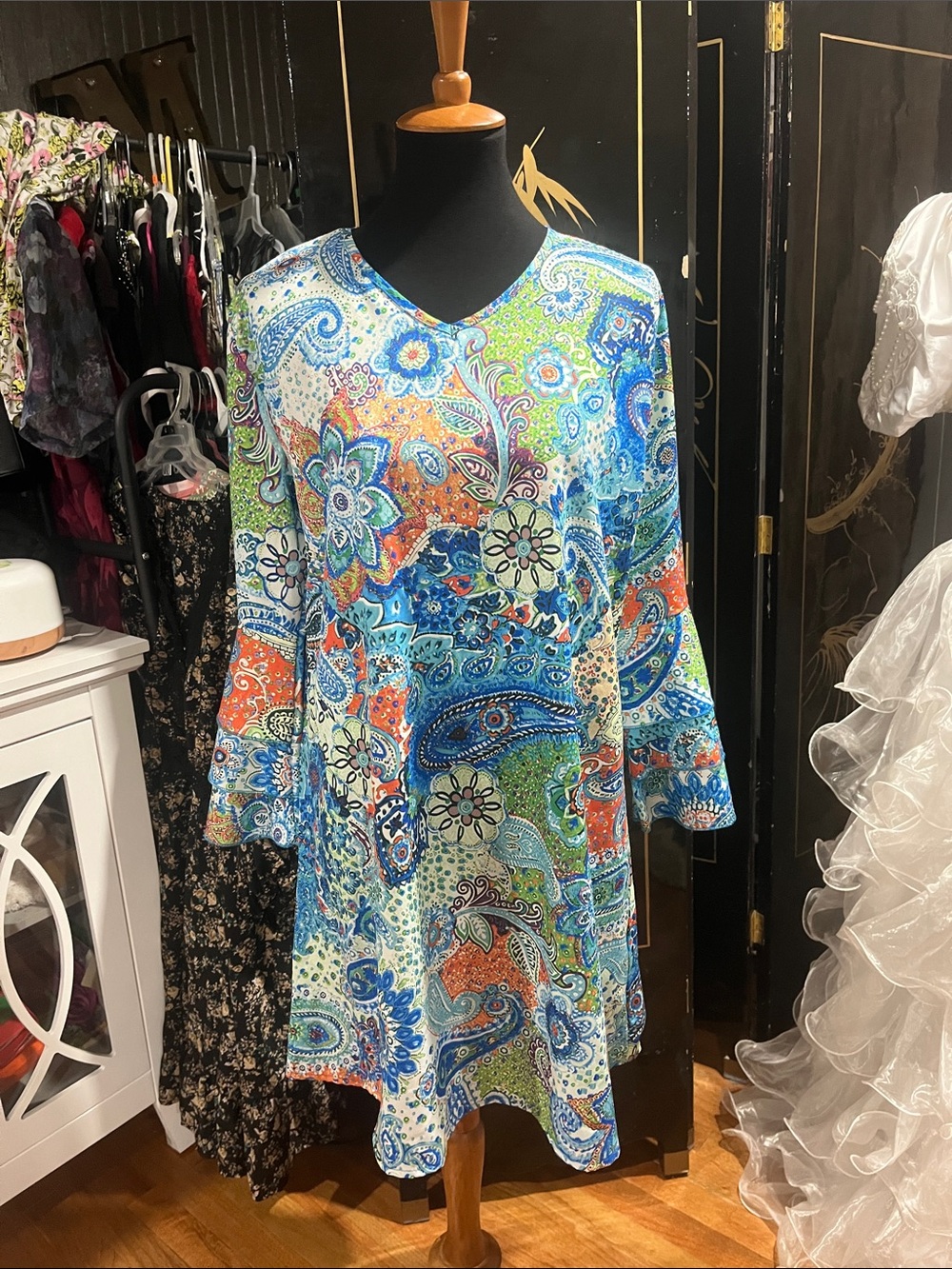 Women's Paisley V-Neck Tunic Dress - Blue Multi